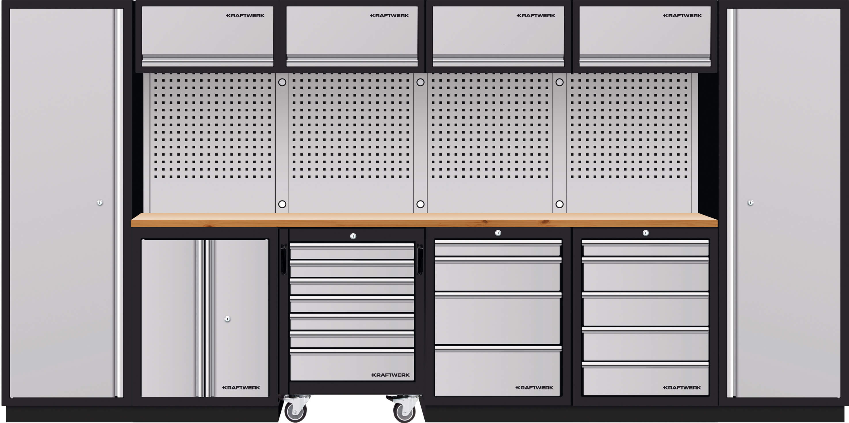 Mobilio 6er Kombi, 2x Hochschrank, Werkstattwagen, Buche