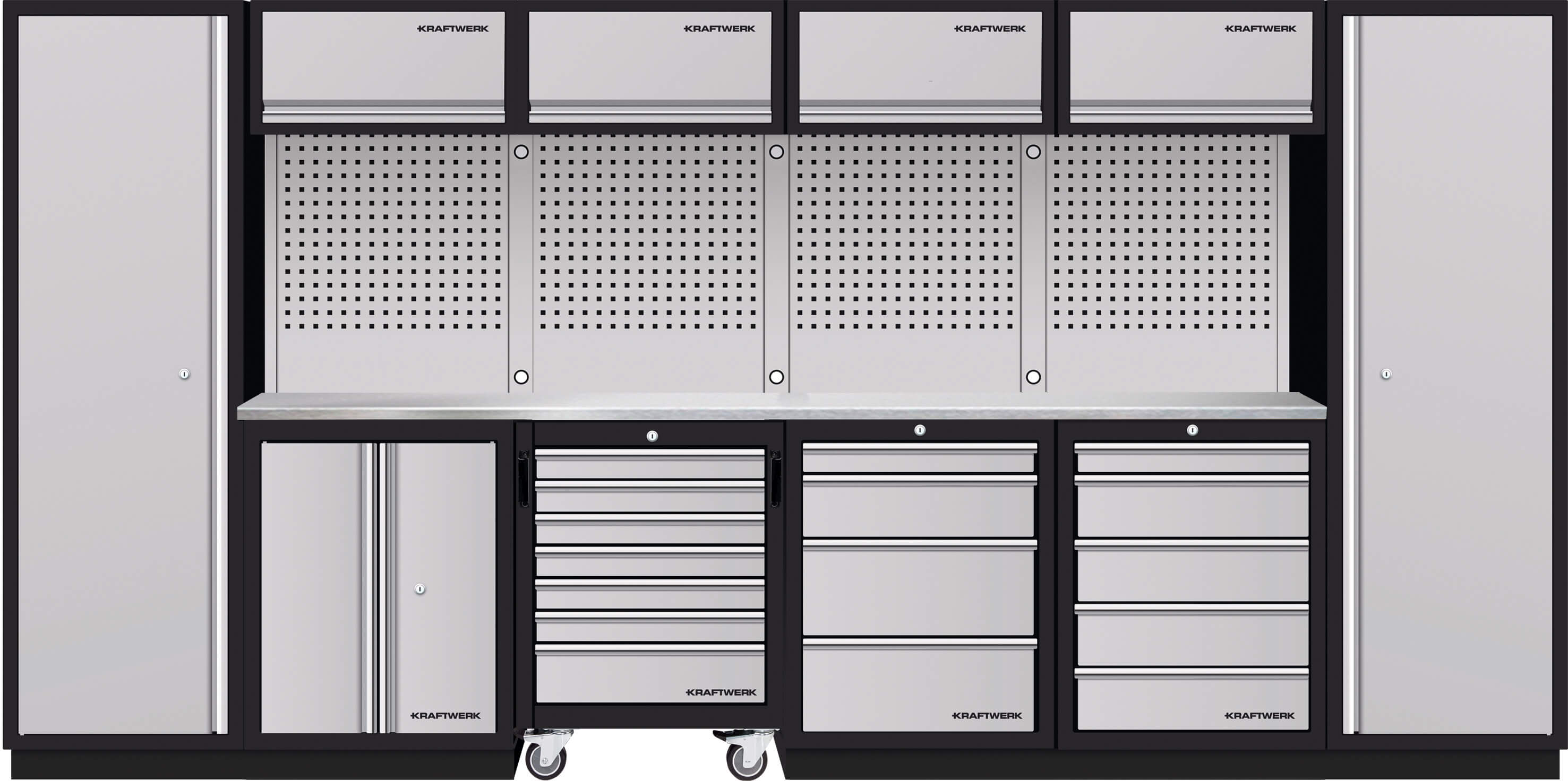 Mobilio 6er Kombi, 2x Hochschrank, Werkstattwagen, inox