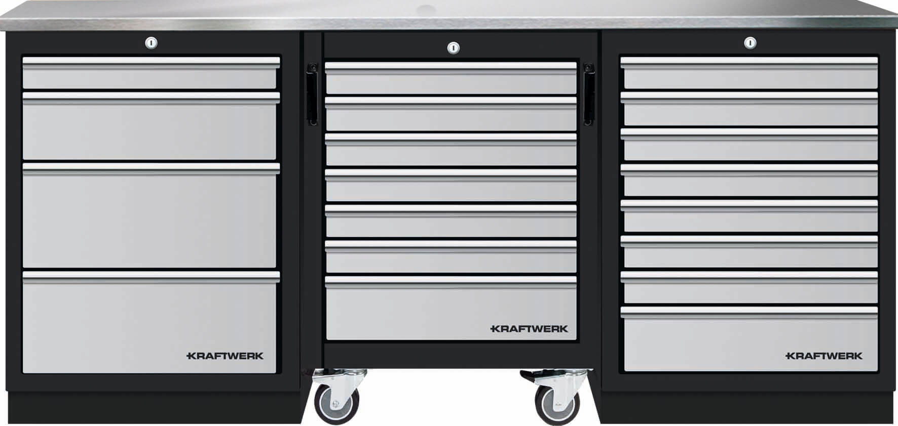 Mobilio 3er Kombi mit Werkstattwagen, inox, 3 Schublade